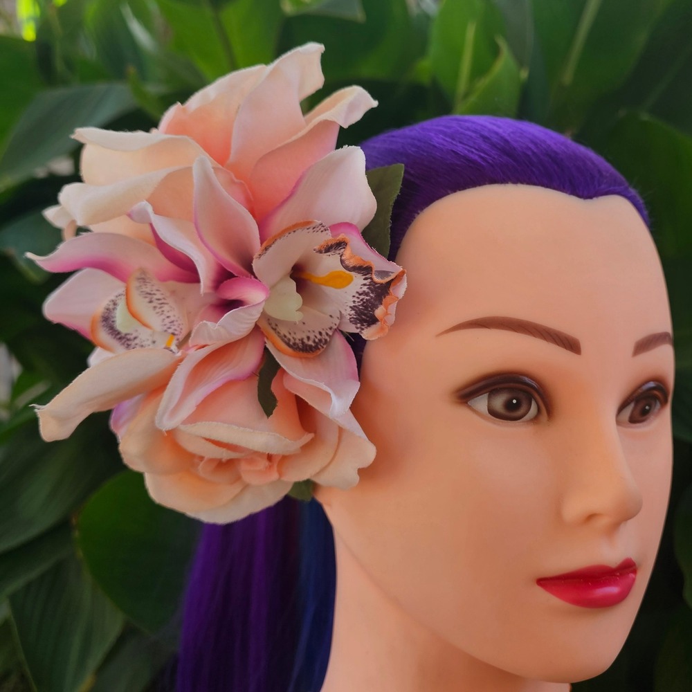 Handmade Peach Rose Orchid Floral Hair‎ Clip Fascinator Rockabilly Wedding Tiki